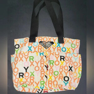 Roxy White Orange Colorful Tote with Black Straps Hook and Loop Closure